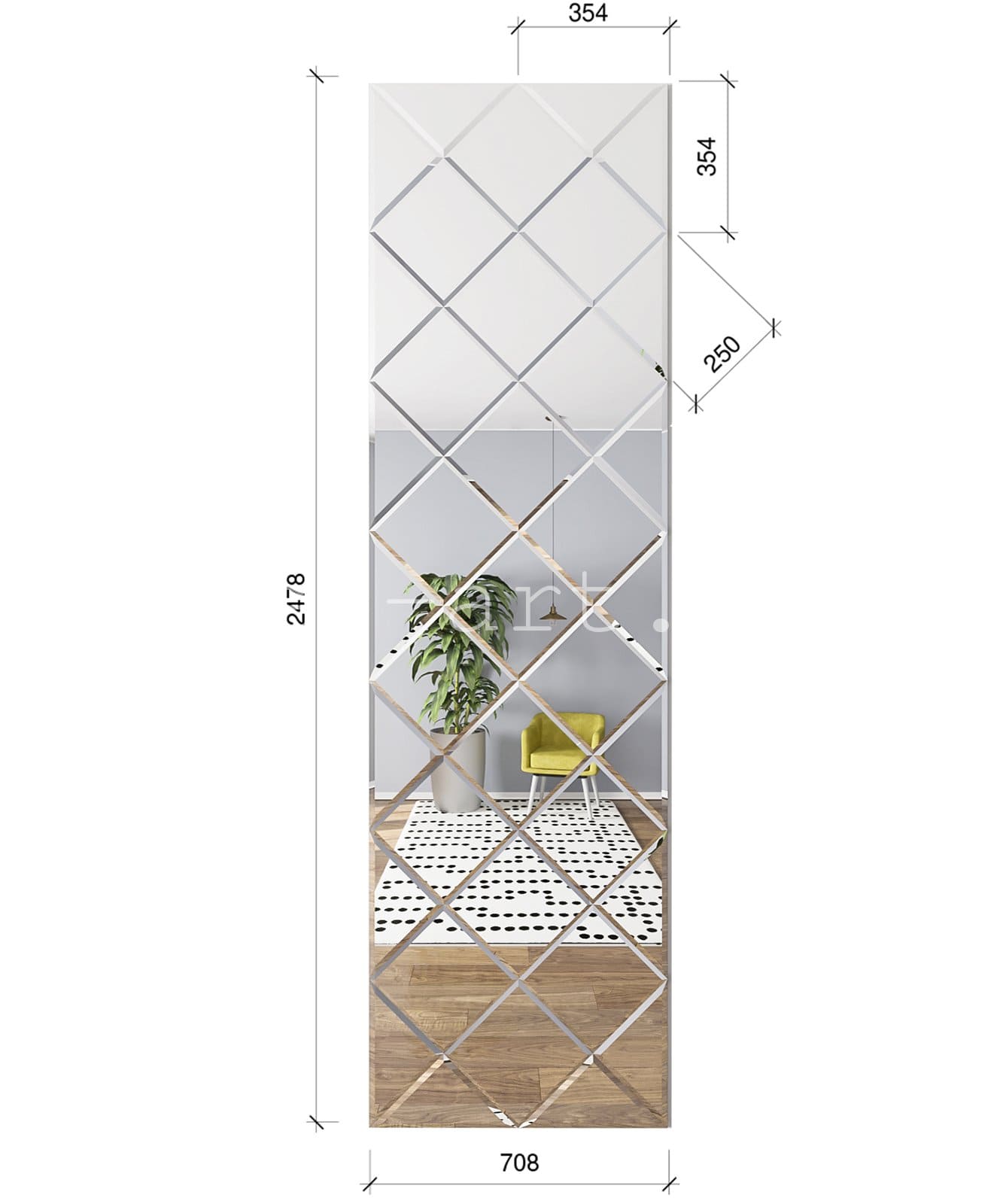 Зеркальное панно 708х2478 серебро квадрат 250 мм (фацет 10 мм)