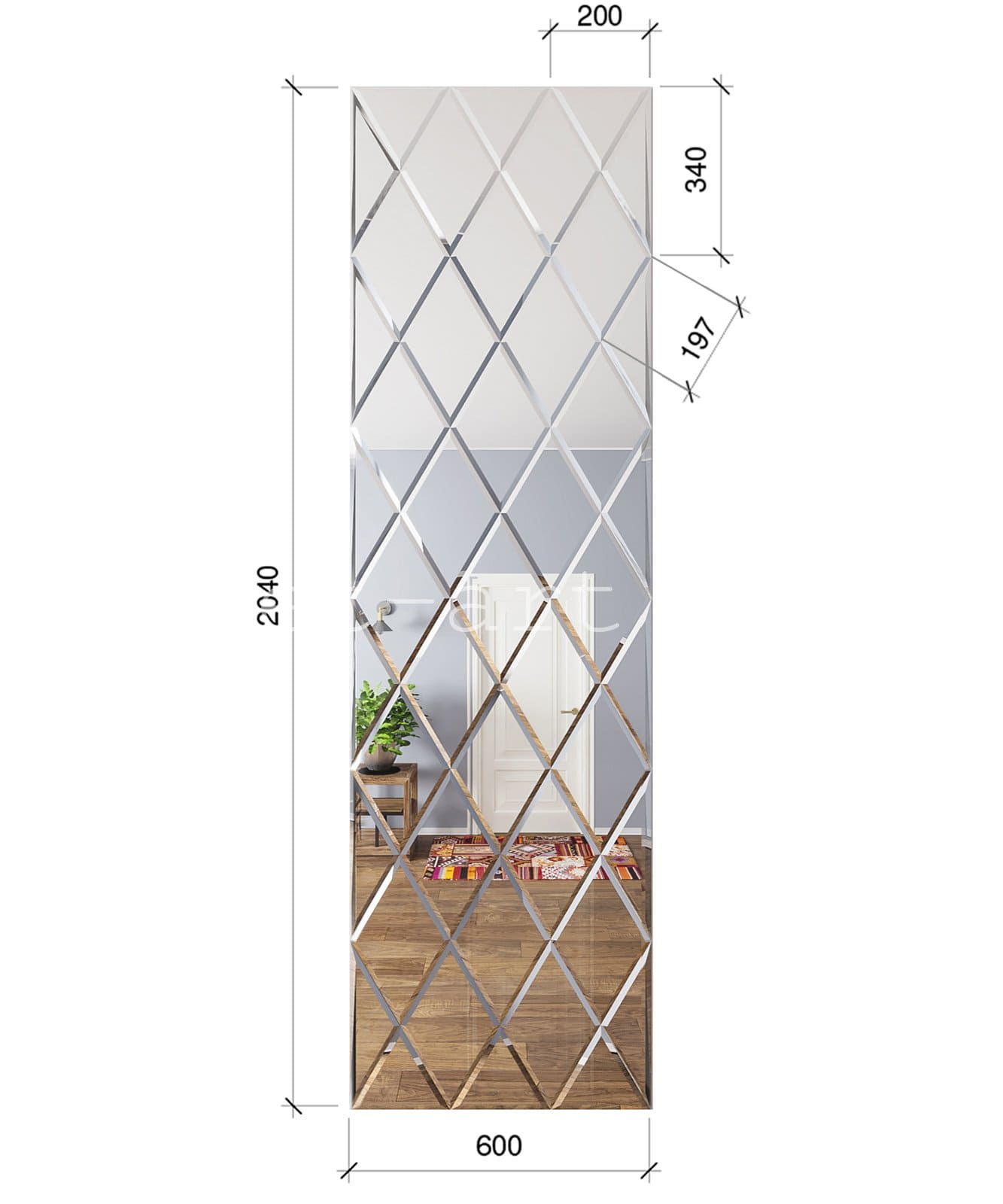 Зеркальное панно 600х2040 серебро ромб 200х340 мм (фацет 10 мм)