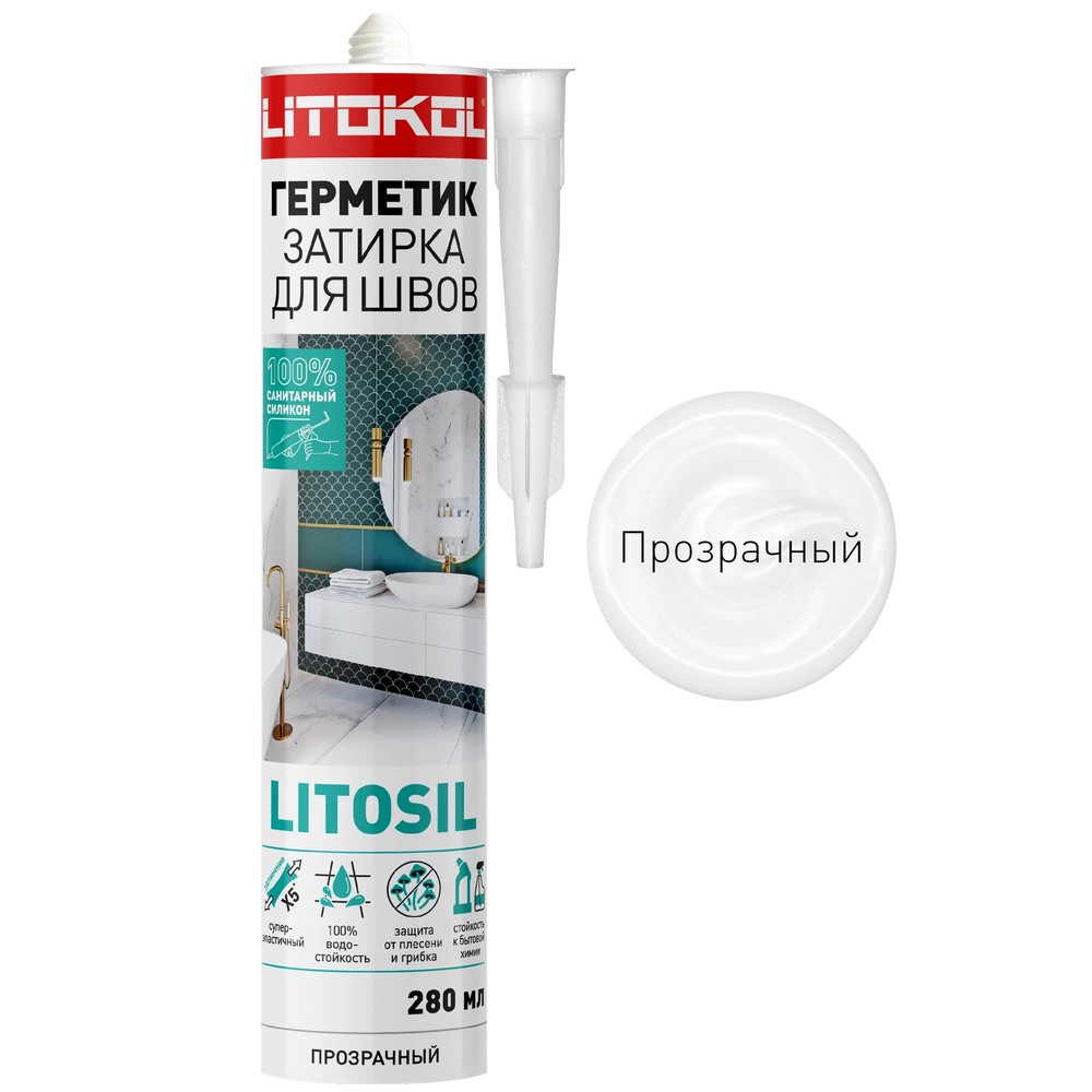 Герметик Litosil санитарный силиконовый высокоэластичный прозрачный, 0,28 л фото